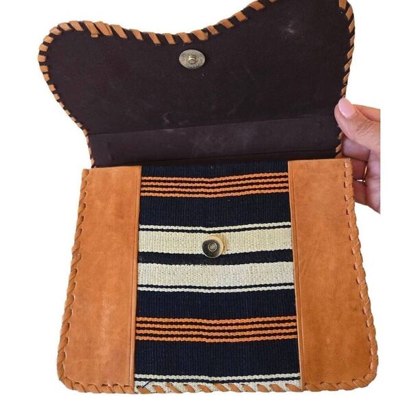 Sarep + Rose Womens Genuine Leather Handwoven Fabric Top Handle Handbag Brown - Picture 2 of 10